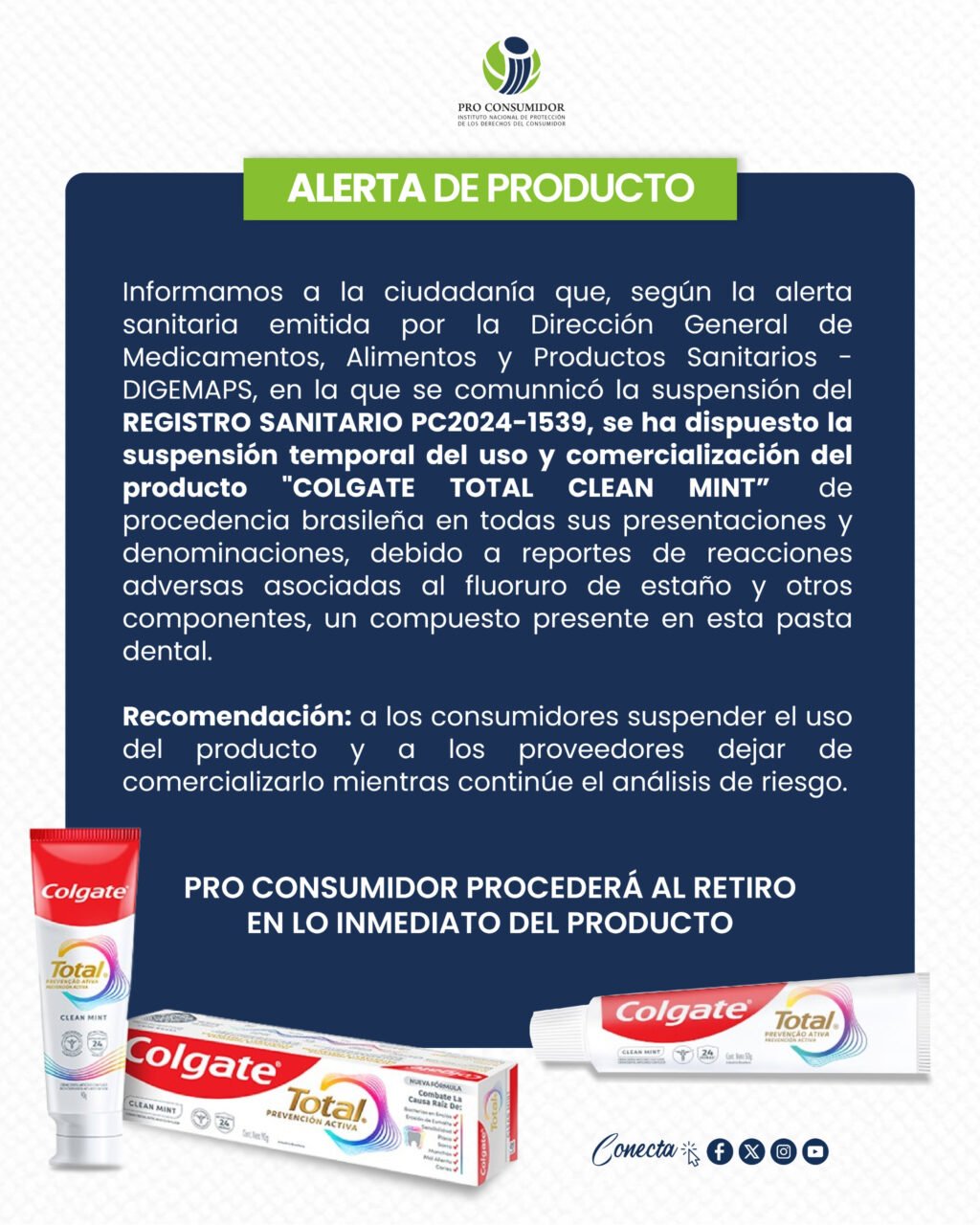 Alerta de Pro Consumidor sobre el uso de la pasta Colgate Total Prevención Activa Clean Mint.