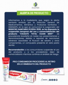 Alerta de Pro Consumidor sobre el uso de la pasta Colgate Total Prevención Activa Clean Mint.