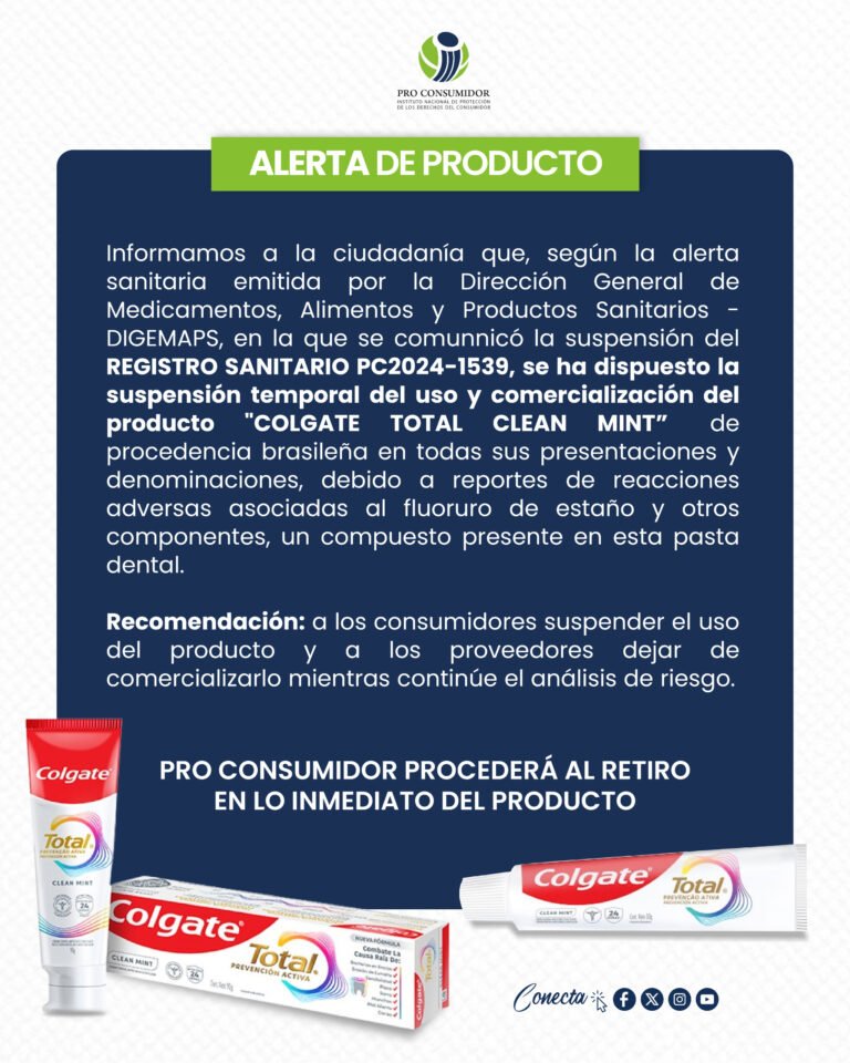 Alerta de Pro Consumidor sobre el uso de la pasta Colgate Total Prevención Activa Clean Mint.